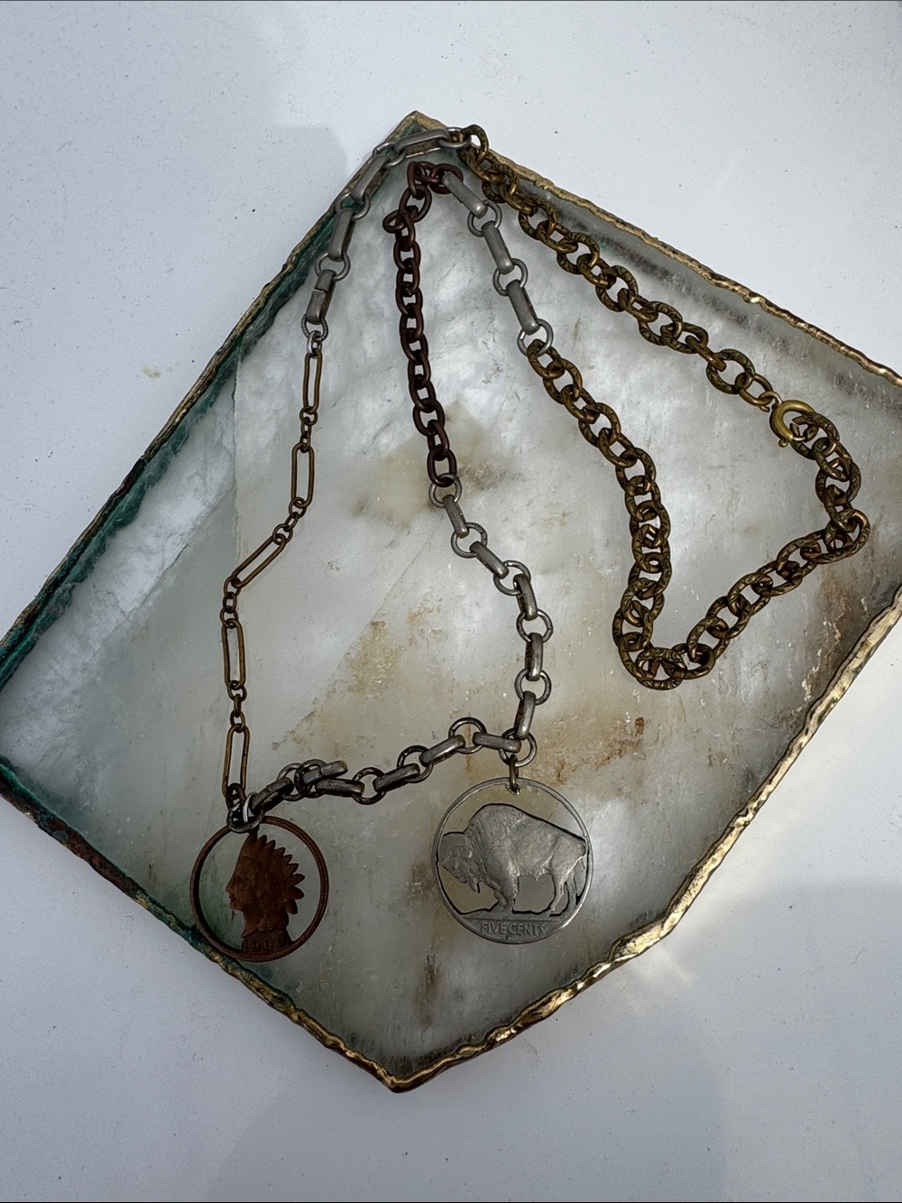 Mixed Metal Buffalo & Native Profile Pendant Necklace - Unbranded